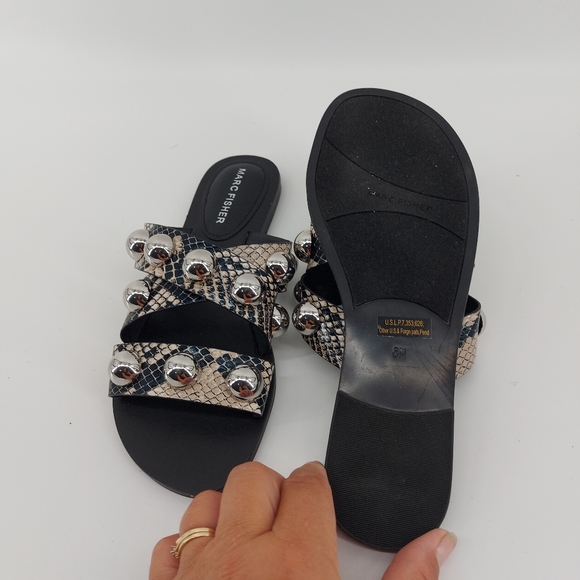 Marc Fisher Bryte 2 Studded Flat Sandals aside 5 Black and Tan Faux Snake Skin - Picture 5 of 6